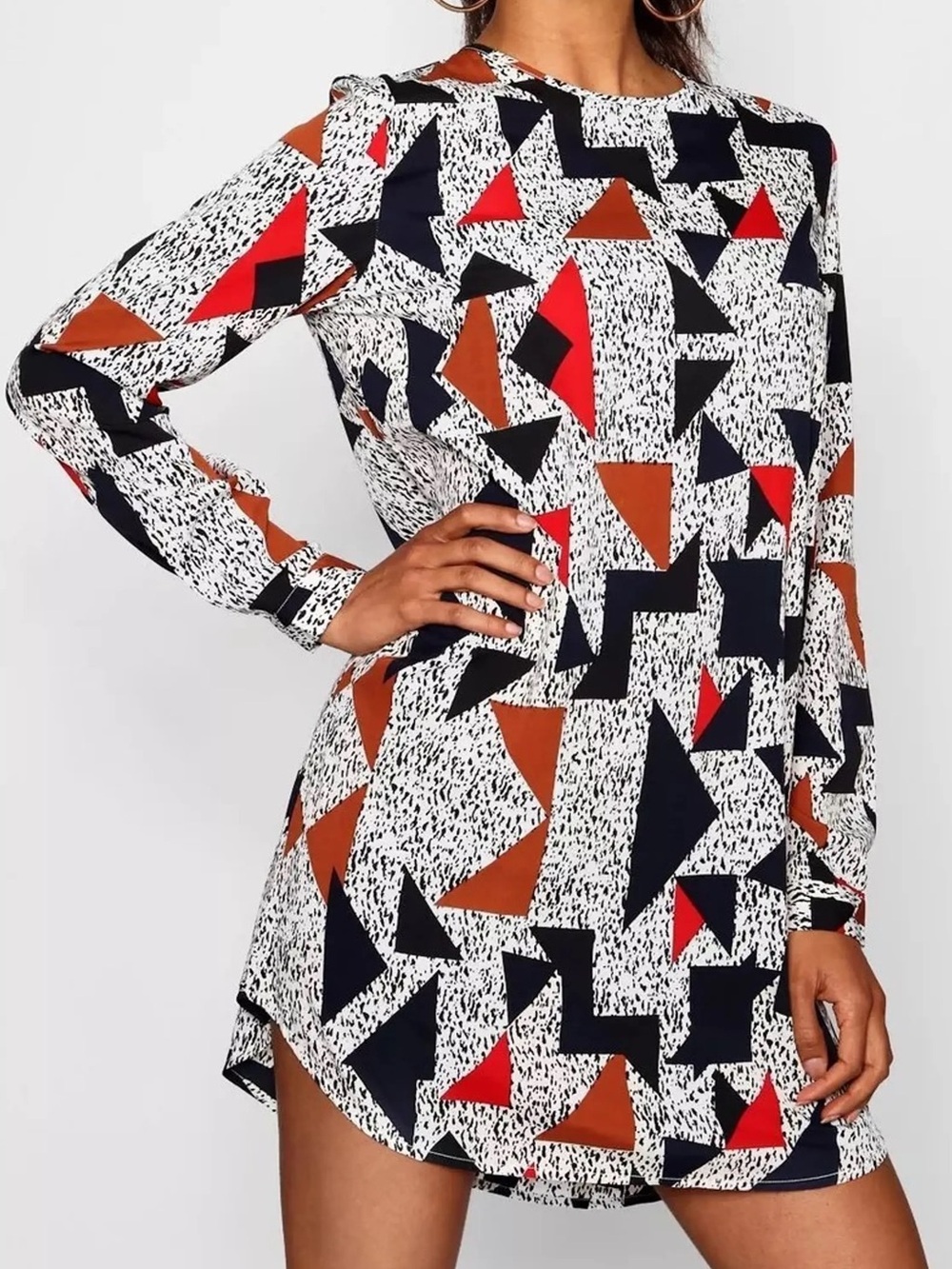 Boohoo Abstract Triangle Print Long Sleeve Shift Dress Size 12